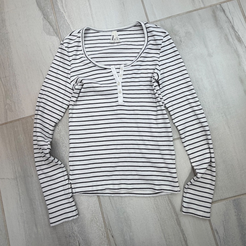 Pact Organic Cotton Black White Stripe Ribbed Henley Long Sleeve Top S